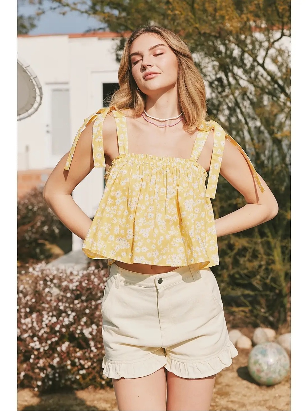 NWT Yellow Floral Tie-Shoulder Cropped Top